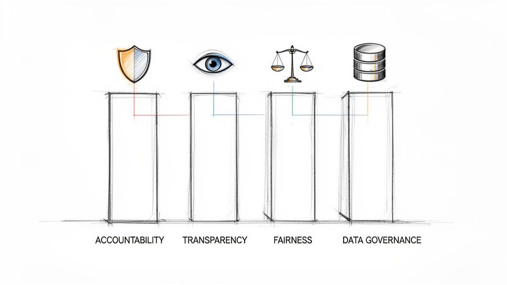 Illustrated pillars representing accountability, transparency, fairness, and data governance principles.