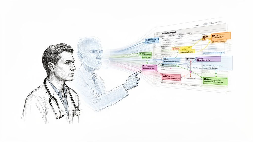 Sketch of a physician interacting with a digital medical decision support system, showing AI analysis and data flow.