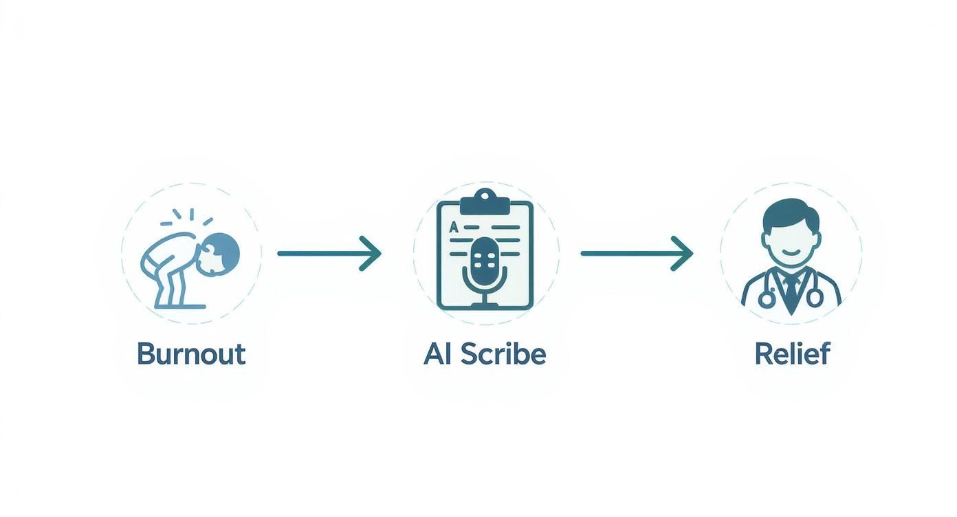 Infographic showing the process from physician burnout to relief using an AI scribe.