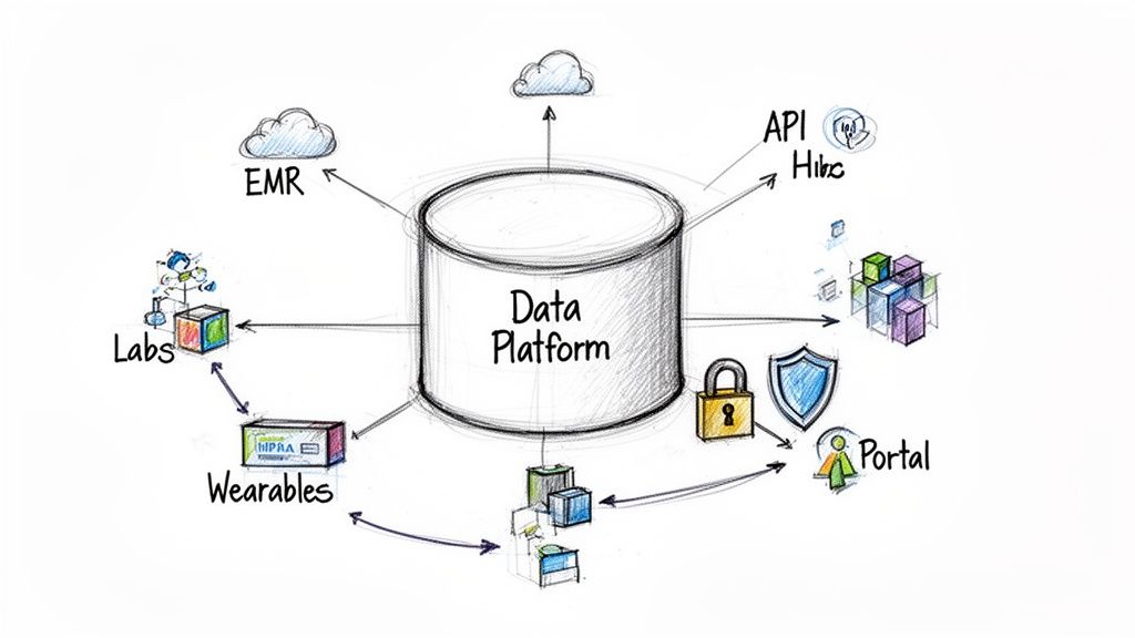 A sketch illustrating a healthcare data platform connecting EMR, labs, wearables, APIs, and portals securely.