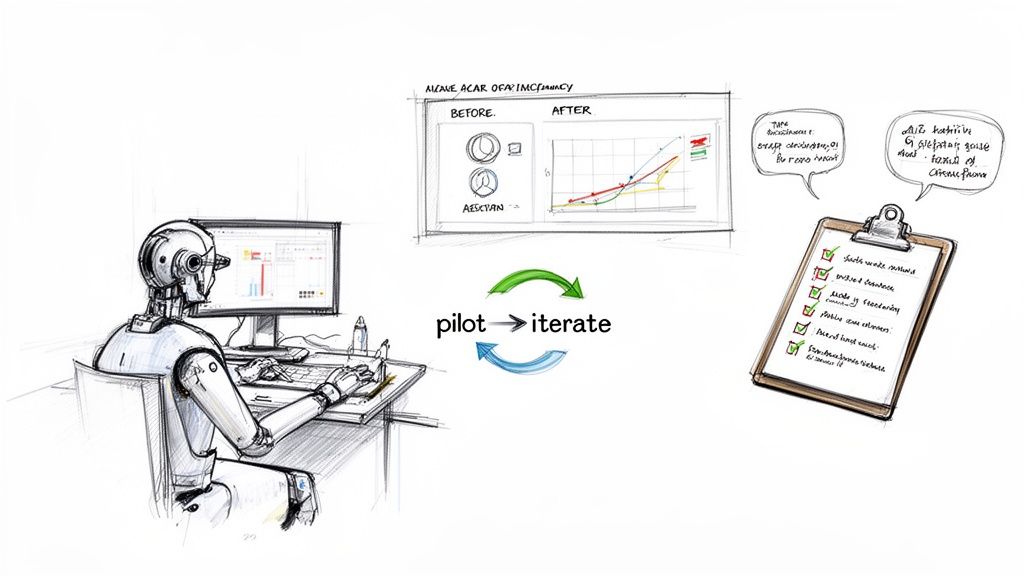 An AI robot works at a computer, with diagrams illustrating a pilot-iterate cycle for efficiency and a checklist.