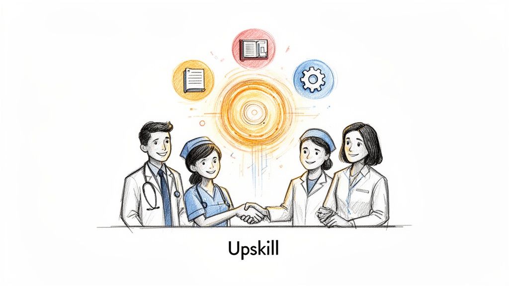 Healthcare professionals shaking hands, surrounded by icons of books and a gear, symbolizing upskilling and continuous learning.