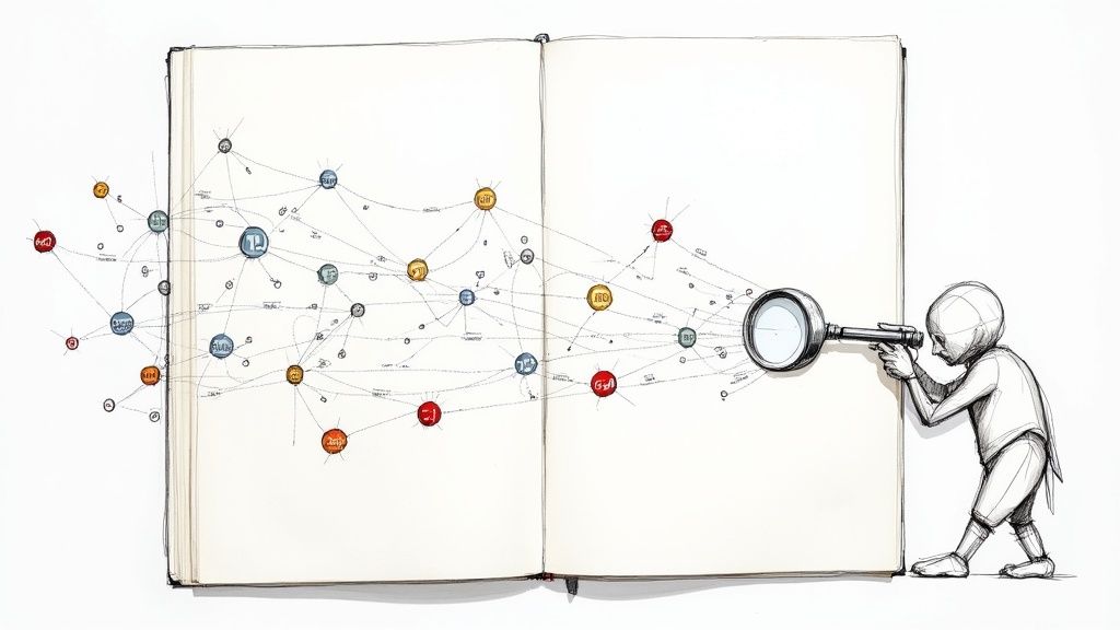 A person uses a magnifying glass to examine a detailed network diagram in an open notebook, symbolizing data analysis and research.