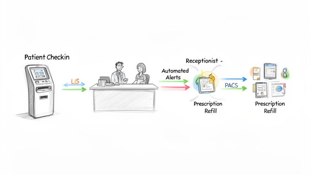 Workflow diagram showing patient check-in kiosk, LIS integration, automated alerts for receptionists, and PACS for prescription refills.