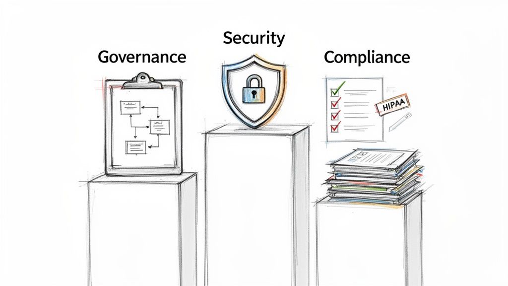 Illustrations of governance, security, and compliance elements on pedestals, representing crucial data management concepts.