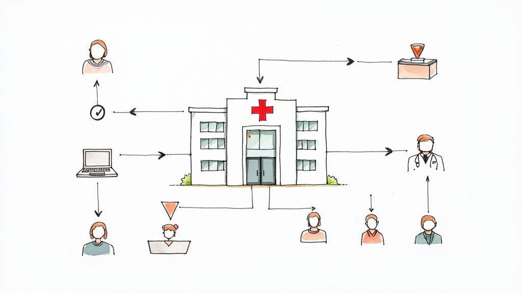 A team of healthcare professionals collaborating around a large screen displaying AI-driven data visualizations and patient outcomes.