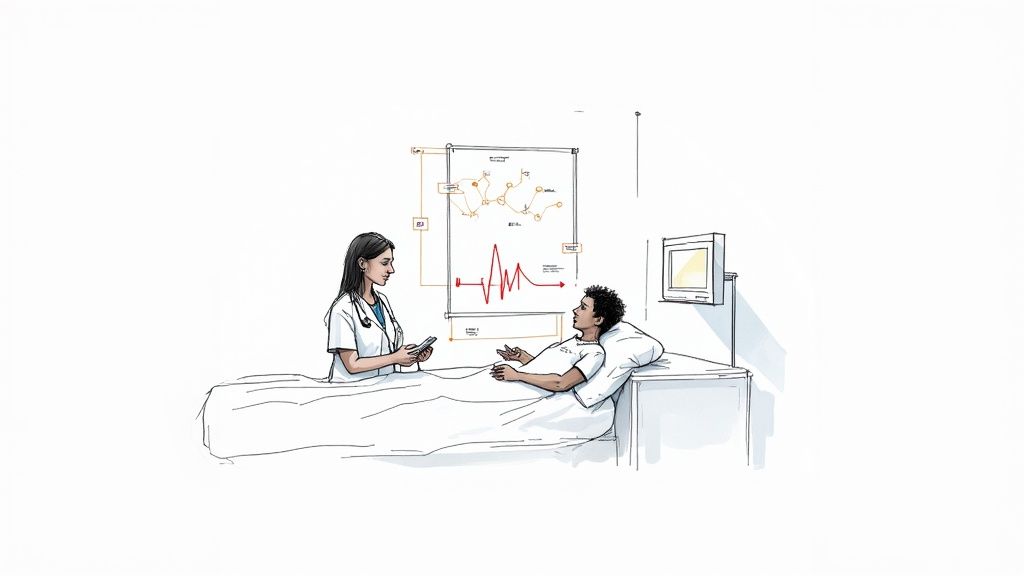 A doctor consults with a patient in a modern medical setting, displaying digital health information.