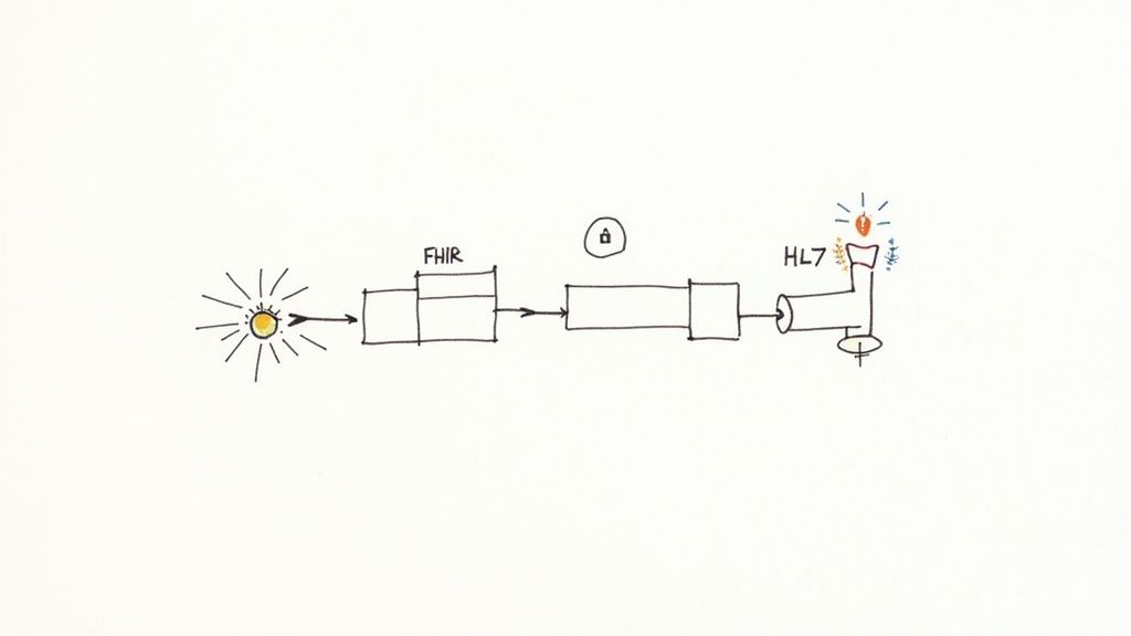 Flowchart depicting a secure data transformation from an input source through FHIR to an HL7 system.