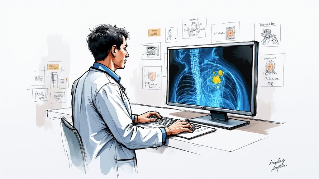 A detailed view of an AI analyzing a medical scan on a high-resolution screen, identifying critical areas for a doctor's review.
