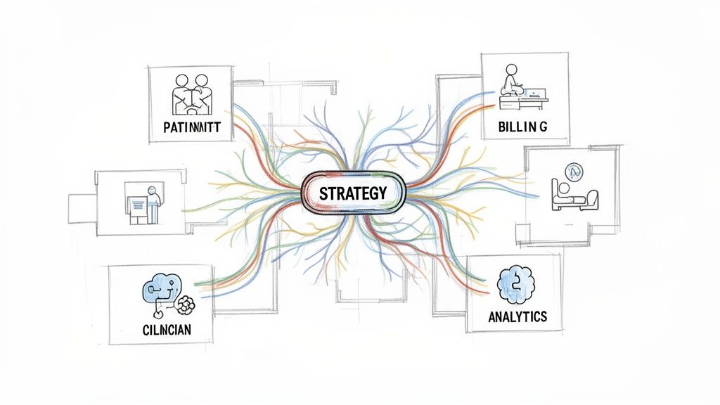 Mind map illustrating healthcare strategy linked to patient care, billing, analytics, and clinical operations.