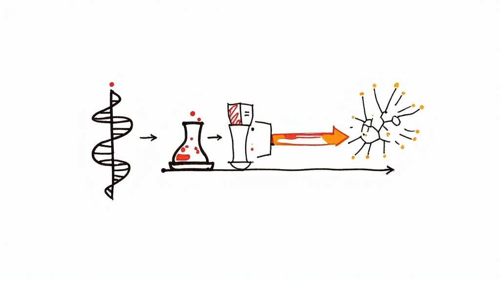 A scientist in a lab looking at a molecule on a screen.