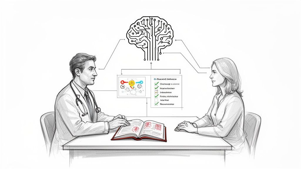 A doctor and patient consult, with a digital brain and medical data displayed, symbolizing AI in healthcare.