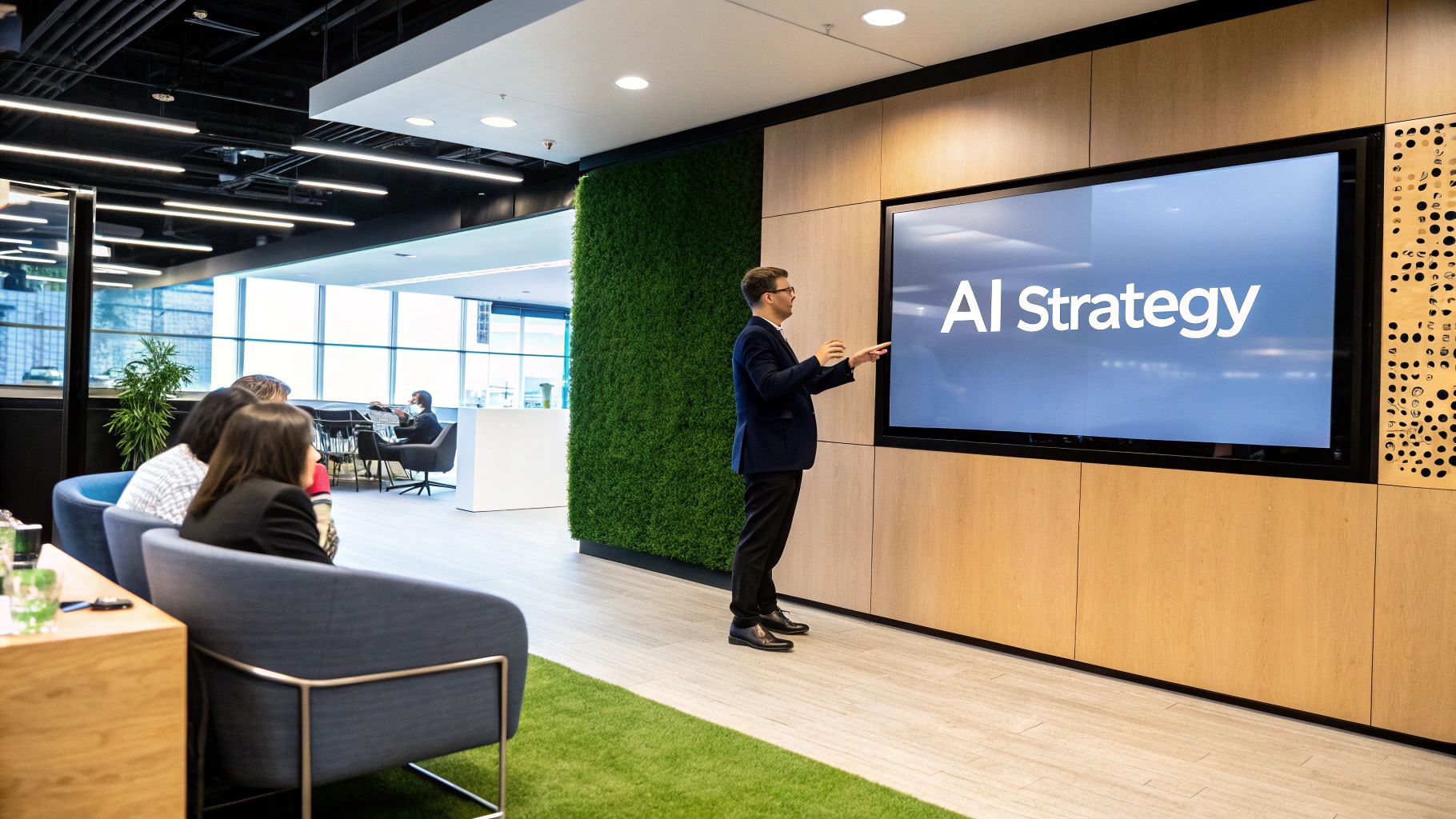 An AI strategy consultant presenting a strategic roadmap to a team in a modern office.