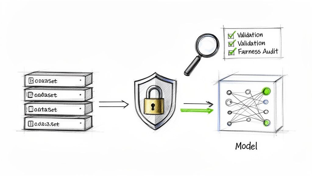 Diagram illustrating a secure data processing pipeline for AI model validation and fairness audit.