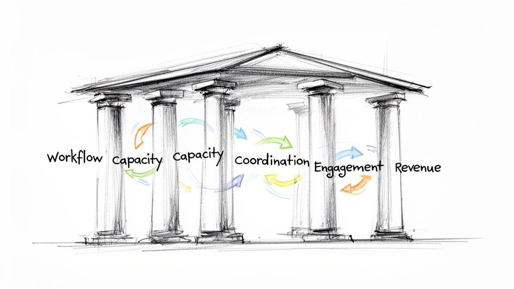 Sketch of a building with columns labeled Workflow, Capacity, Coordination, Engagement, Revenue, showing interconnected business processes.