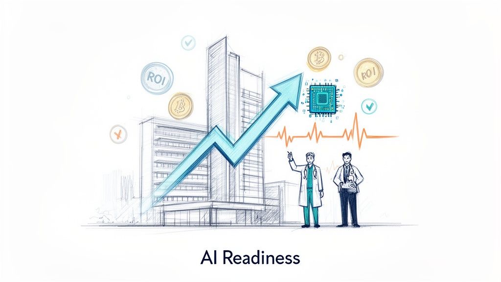 Illustration of AI readiness in healthcare, showing business growth, technology, and medical professionals.