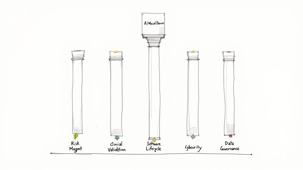 Five foundational pillars support an 'AI Medical Device' structure, detailing key regulatory compliance areas.