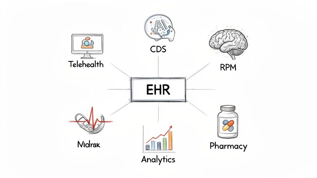 An EHR system is central, connecting telehealth, CDS, RPM, Midrak, analytics, and pharmacy services.