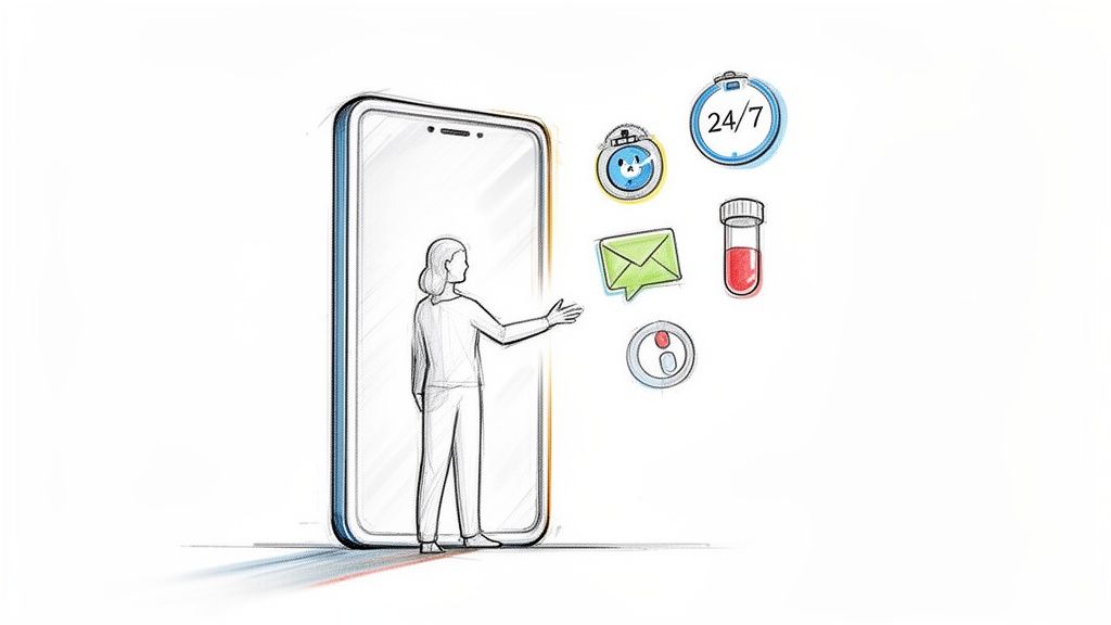 An illustration of a person interacting with a smartphone displaying healthcare and communication icons for patient engagement.