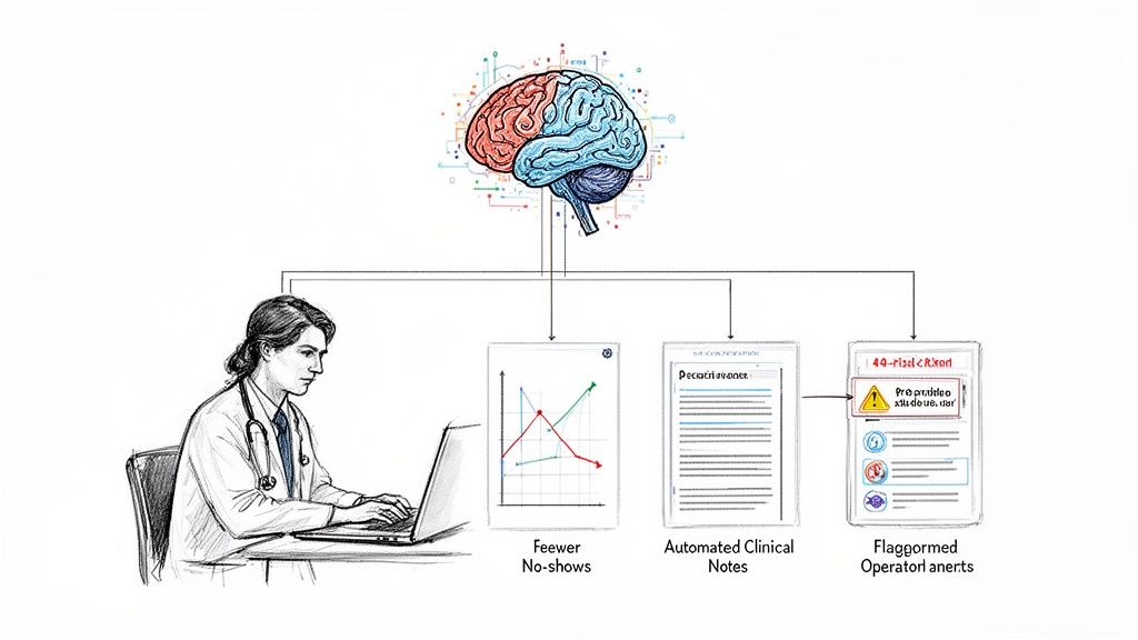 An AI brain system connects to a doctor, optimizing care with fewer no-shows, automated notes, and alerts.