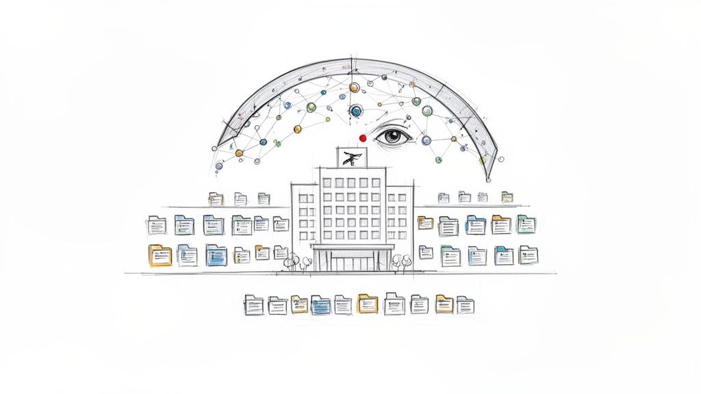 A hand-drawn sketch of a building surrounded by numerous patient data folders, overlooked by an eye and a network of connected data points.