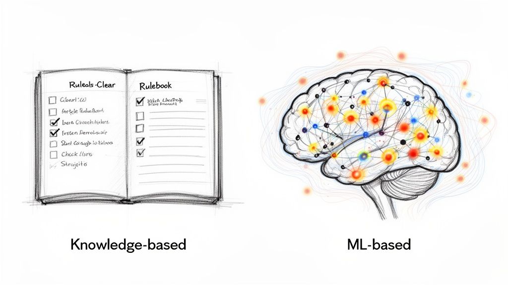 Knowledge-based rulebook versus ML-based brain network, illustrating two approaches to decision support.