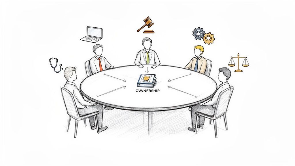 Illustrates stakeholders from legal, tech, and medical fields discussing ownership concepts.