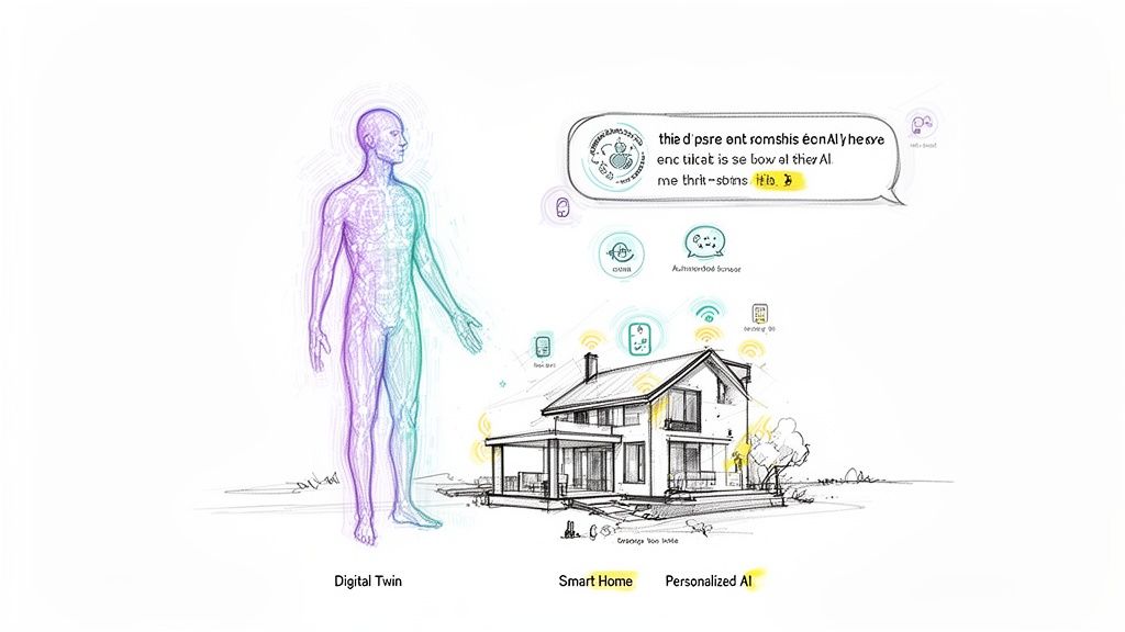 Illustration of a digital twin, a smart home, and personalized AI for health monitoring.