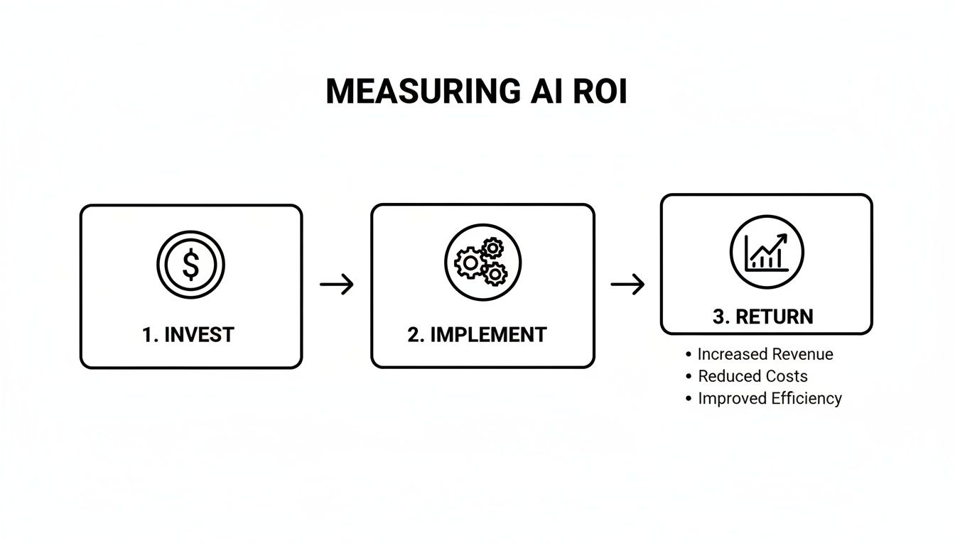 Diagram illustrating the three steps of measuring AI ROI: Invest, Implement, and Return, highlighting benefits.