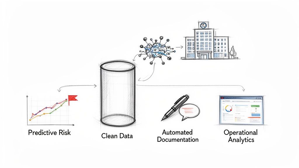 A diagram illustrating a healthcare data process: predictive risk, clean data, automated documentation, and operational analytics.