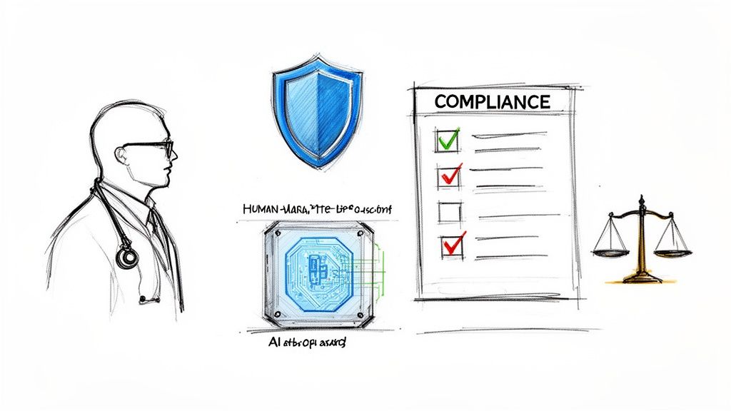 A sketch illustrating a doctor, security shield, AI chip, compliance list, and scales of justice.