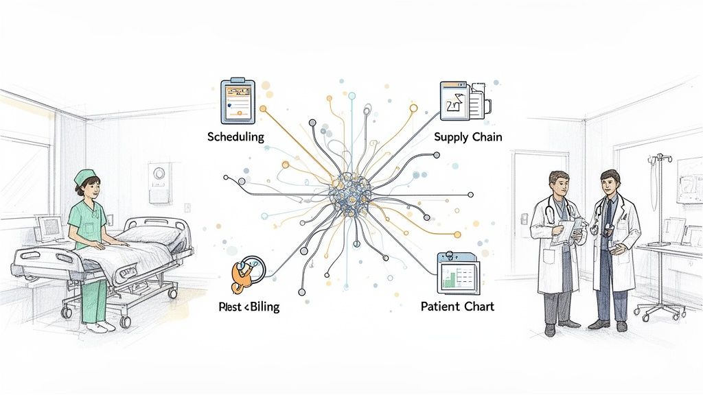 Illustration of a nurse and doctors, depicting AI automation connecting hospital scheduling, supply chain, billing, and patient charts.