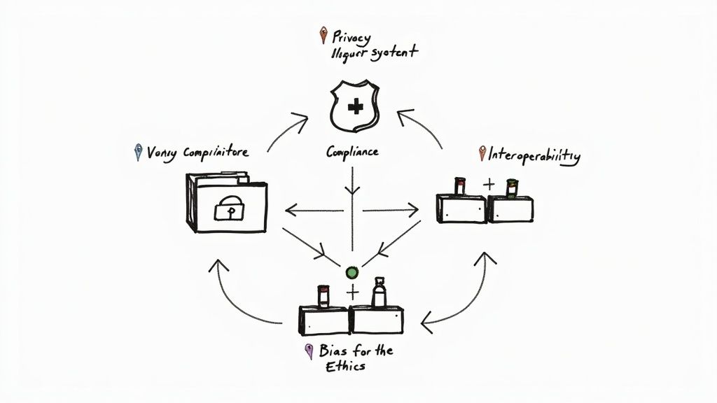 A conceptual image showing a lock and shield icon overlaid on a network of healthcare data, representing security and compliance.