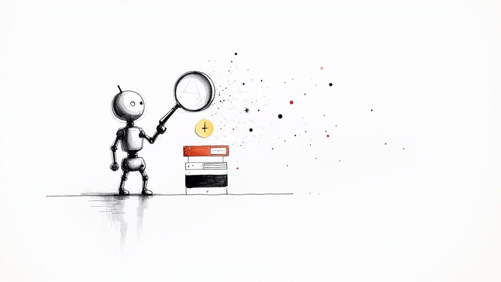 An illustration of a robot using a magnifying glass to examine a stack of books with floating particles.
