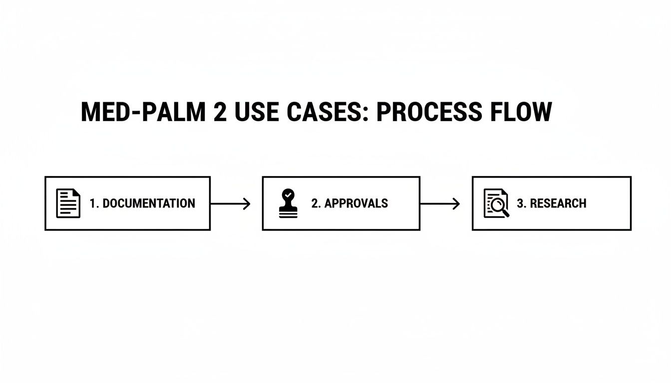 A process flow diagram illustrating Med-Palm 2 use cases: documentation, approvals, and research steps.