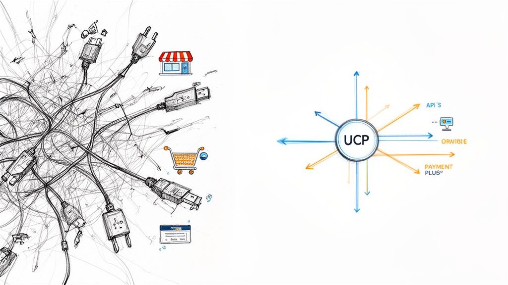 Tangled digital cables on one side and a central UCP hub connecting APIs and payment solutions.