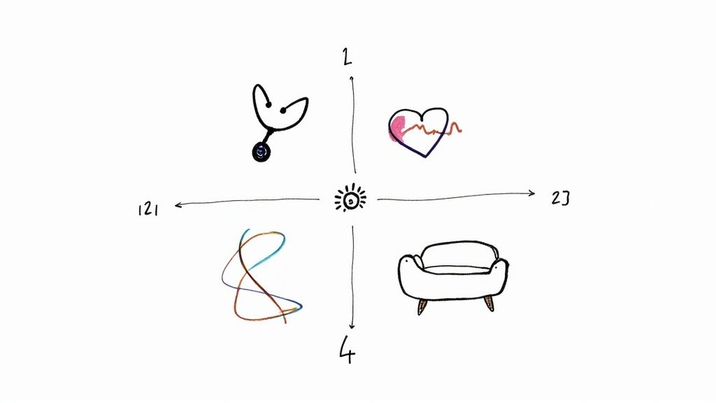 A quadrant diagram with a stethoscope, heart with a pulse, abstract lines, and a couch, around a sun icon.