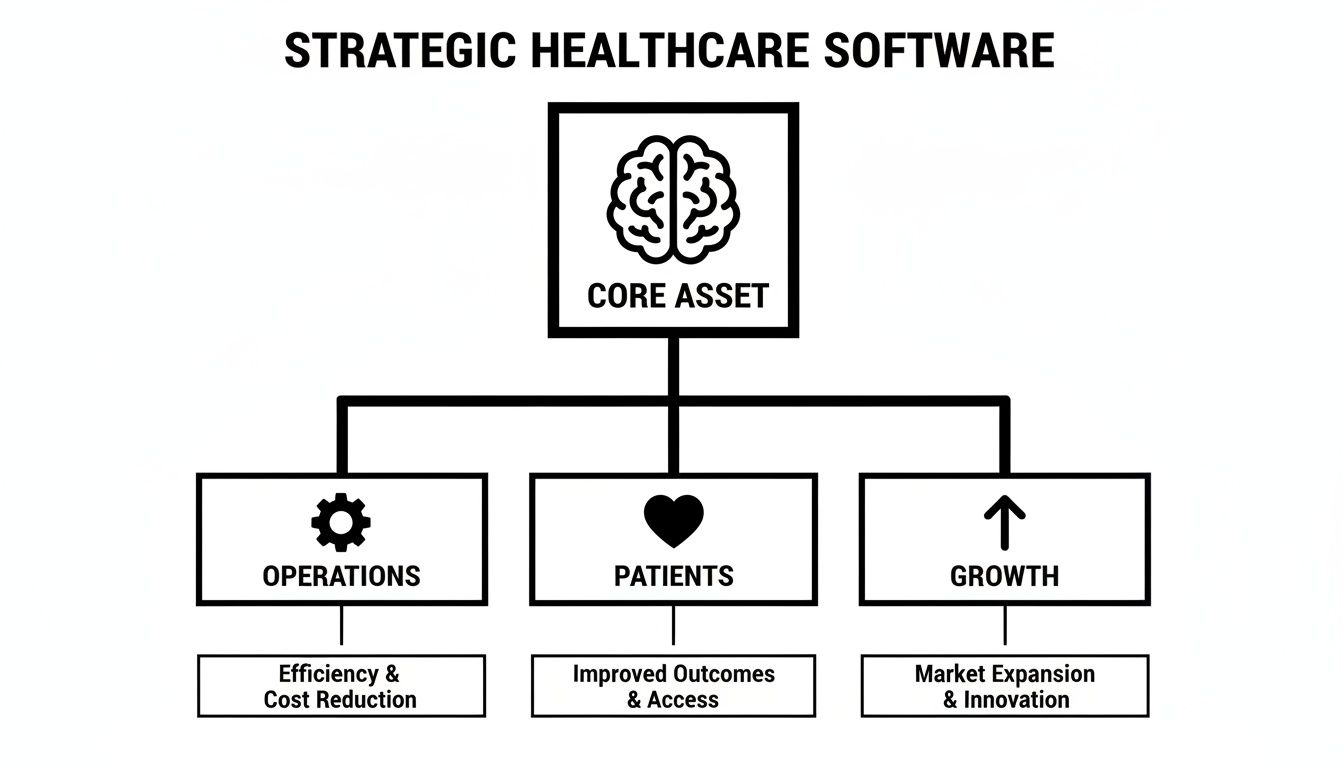 Diagram showing strategic healthcare software as a core asset driving operations, patient care, and growth.