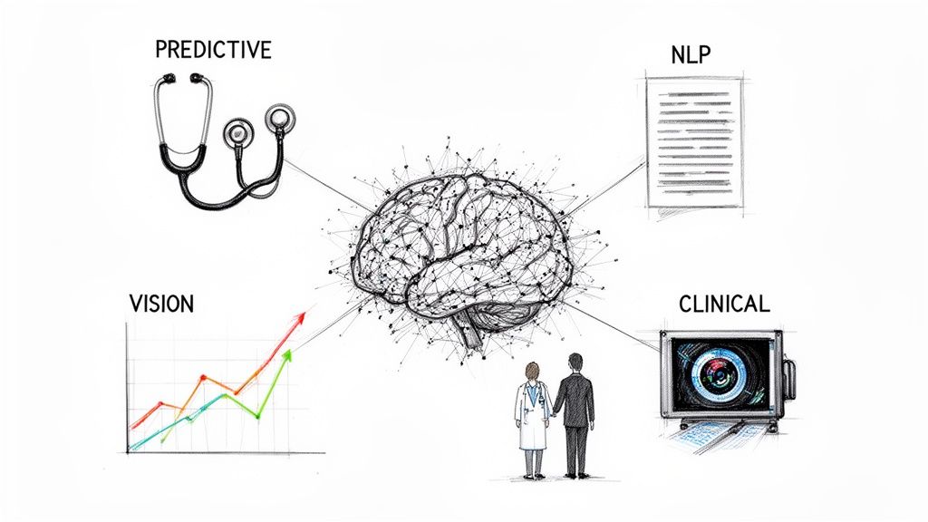 A visual representation of artificial intelligence integrating predictive, NLP, vision, and clinical data in healthcare.