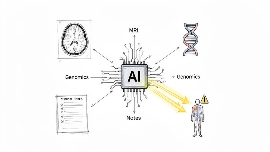 An AI chip processes MRI, genomics, and clinical notes to provide insights for human health analysis.
