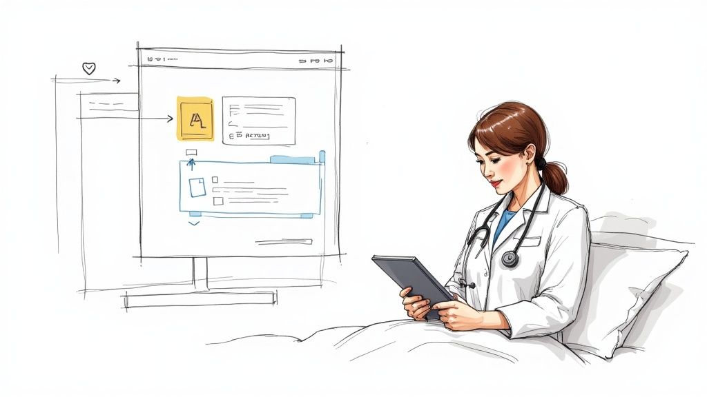 Illustration of a doctor in a lab coat reviewing a tablet, with a sketched digital medical interface.
