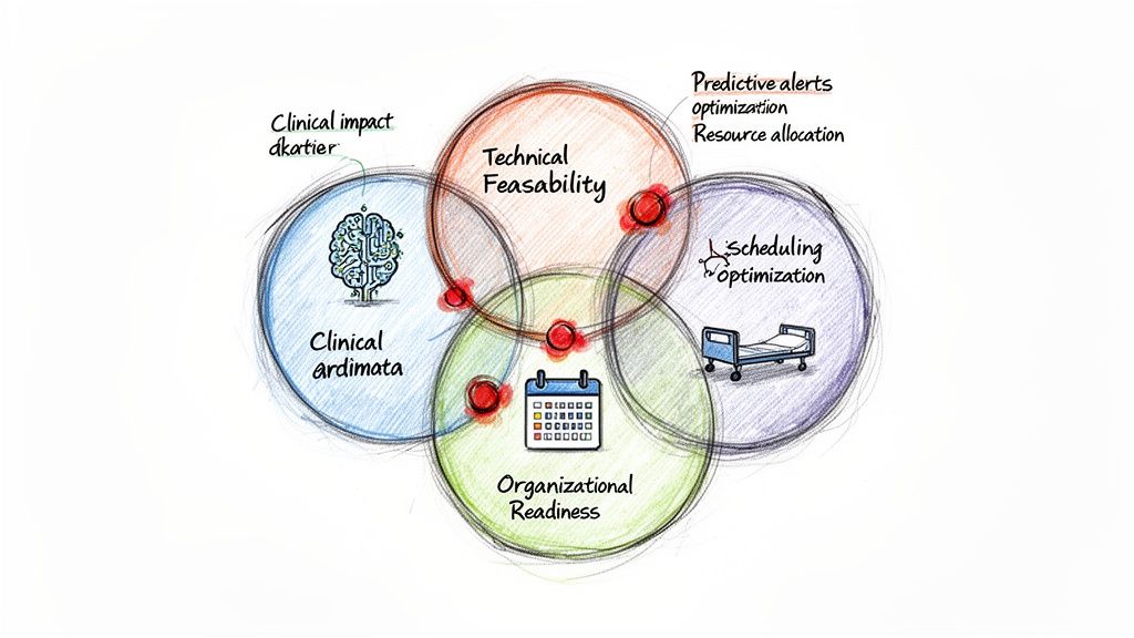 Venn diagram illustrating clinical, technical, and organizational factors for healthcare optimization.