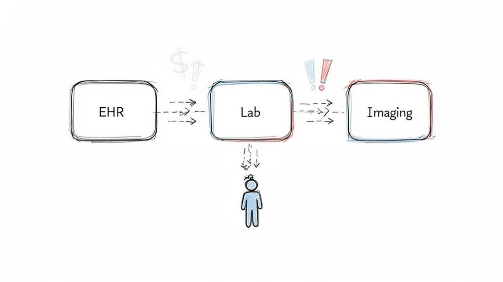 Diagram showing EHR, Lab, and Imaging data flow with associated challenges impacting a patient.