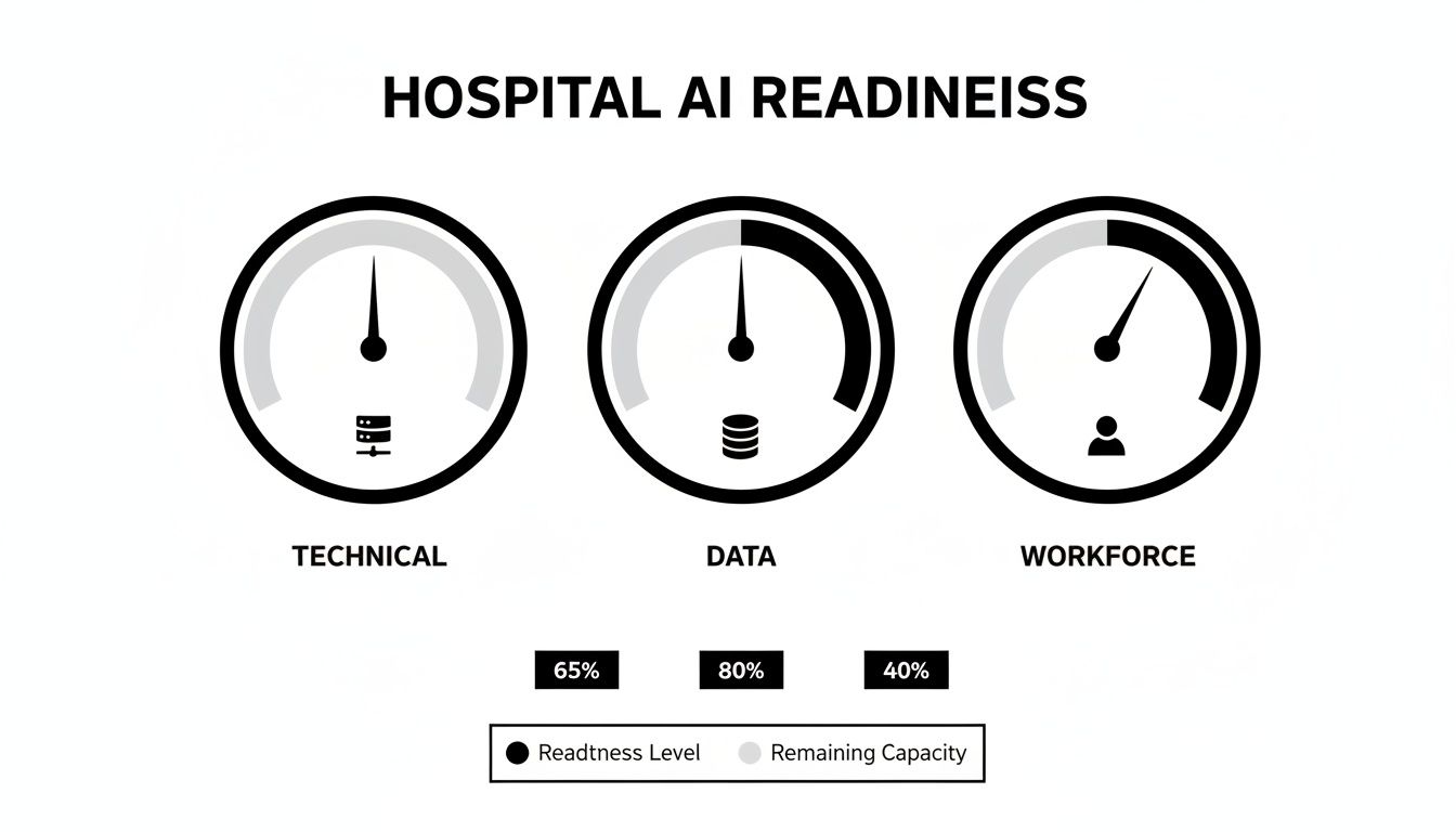 Hospital AI readiness metrics: 65% technical, 80% data, and 40% workforce levels.