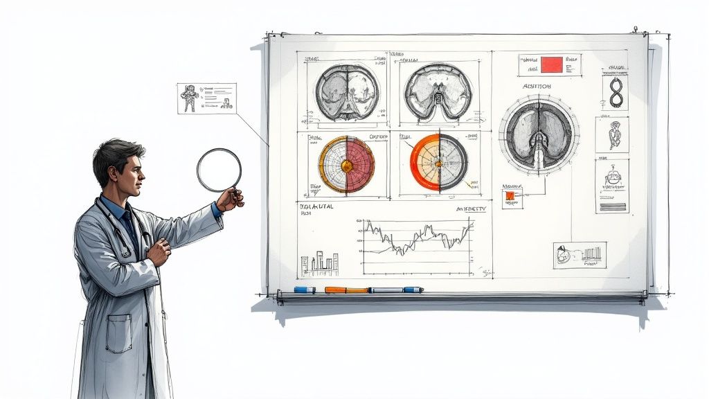 Medical professional examining diagnostic brain scans and anatomical charts displayed on presentation board