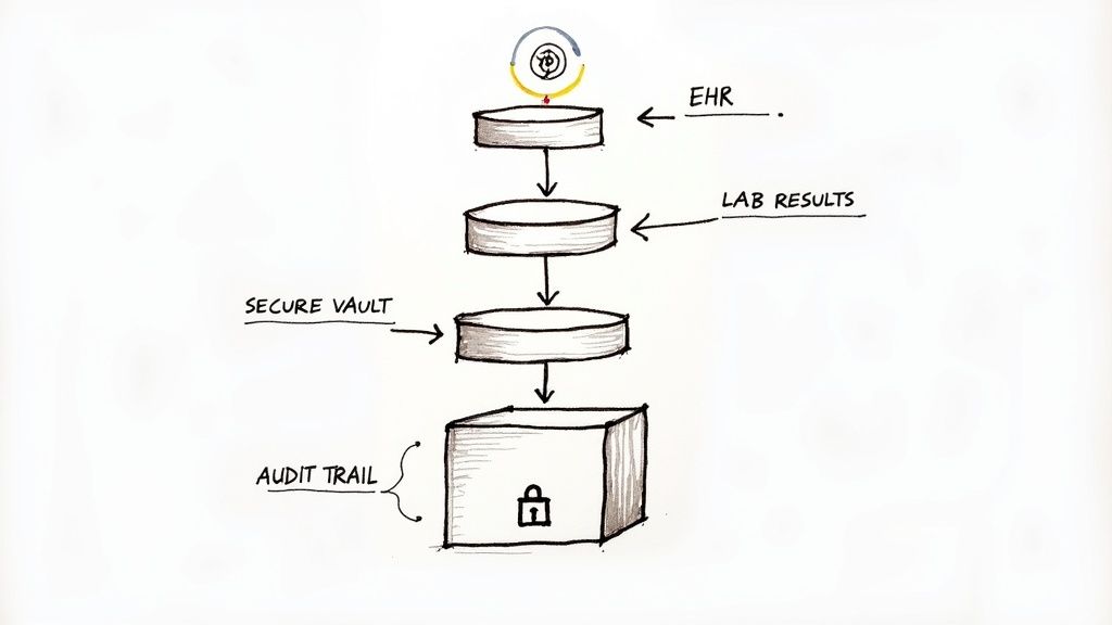 A diagram illustrating data flow from EHR and lab results to a secure vault and audit trail.
