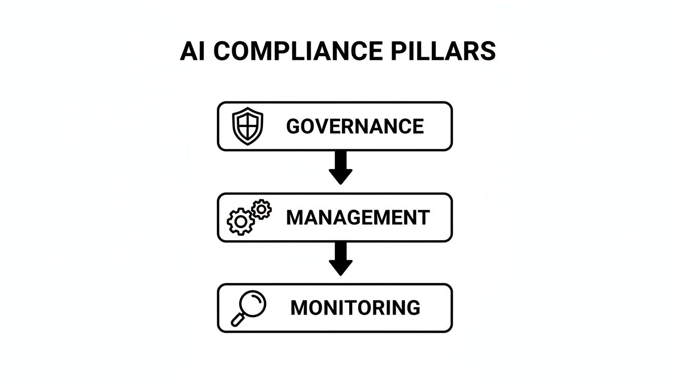 Diagram showing AI compliance pillars: Governance (shield icon), Management (gears icon), and Monitoring (magnifying glass icon), in a top-down flow.