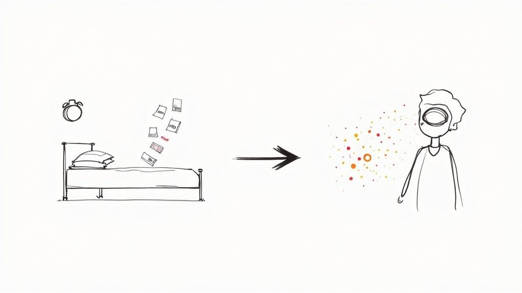 Line drawing of a bed, alarm clock, and flying papers, leading to a person with colorful dots around their head, symbolizing sleep processing.