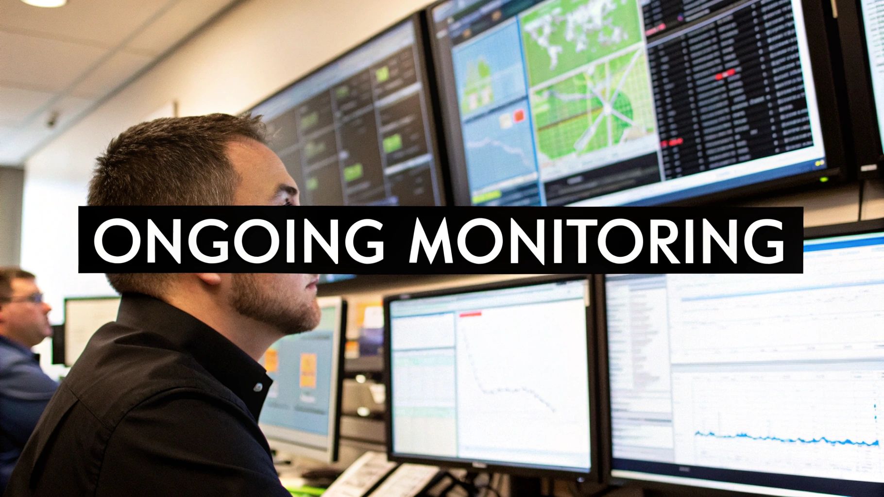 A professional reviewing a dashboard with performance metrics and ROI charts on a large screen