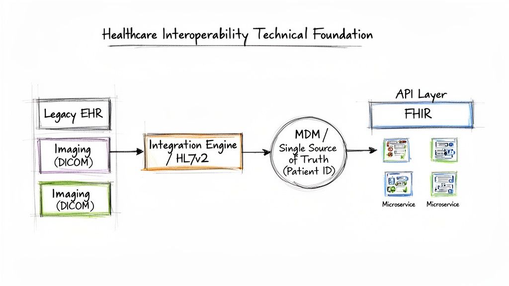 Diagram illustrating healthcare data interoperability, showing data flow from EHR and imaging to FHIR microservices via an integration engine and MDM.